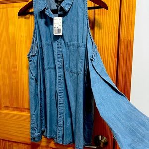 Forever 21 Blue Denim Cold Shoulder Button Down
